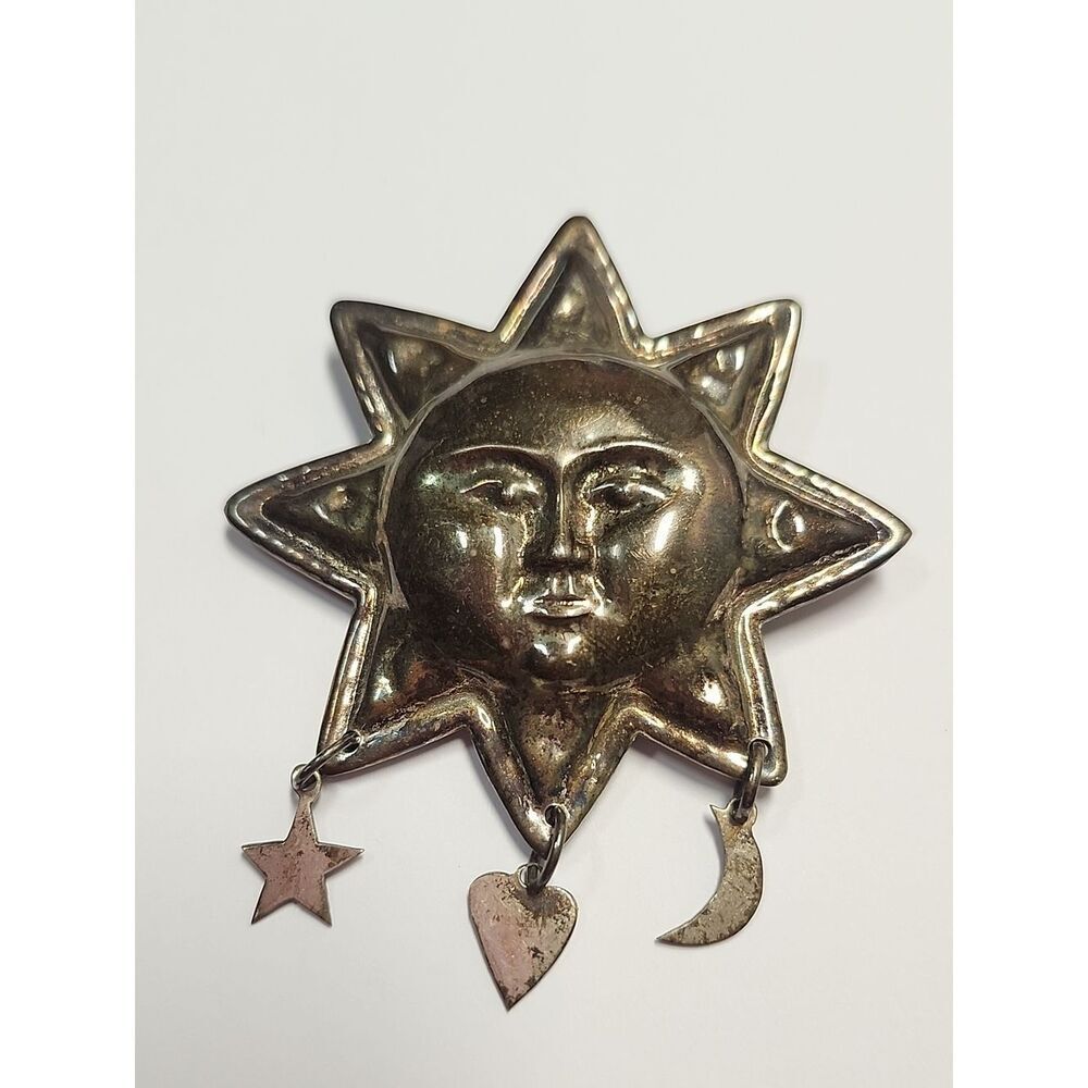 Taxco Sterling Silver 925 Mexico Sunface Brooch w/ Star, Heart & Moon Charms